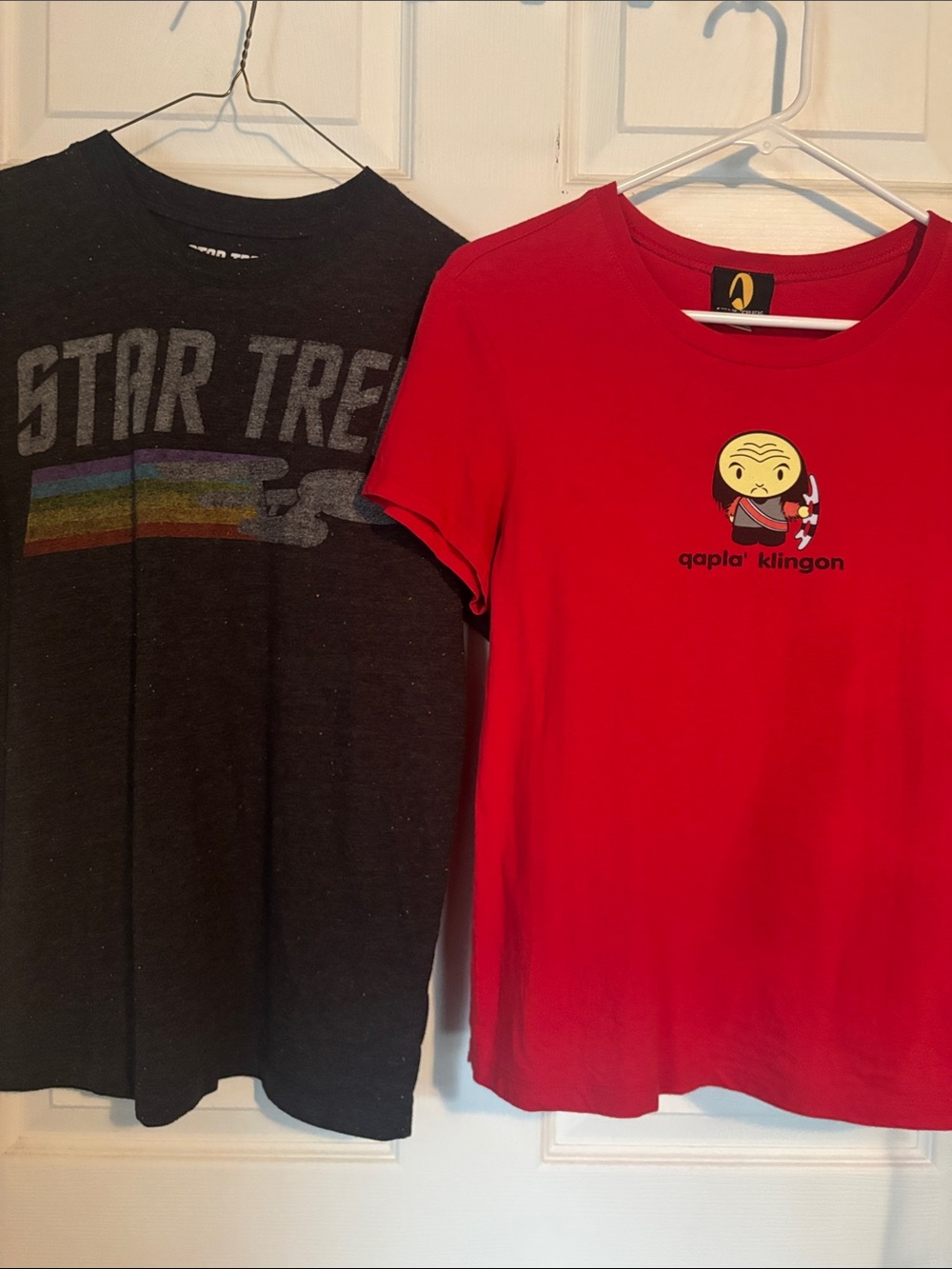 2 Star Trek Tee shirts- Qapla’ Klingon and TOS Crewneck